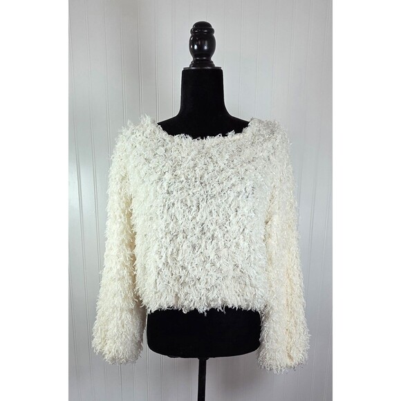 Forever 21 Cropped Fluffy Shag Style Cream Sweater Pullover Women's Size L - Picture 2 of 15